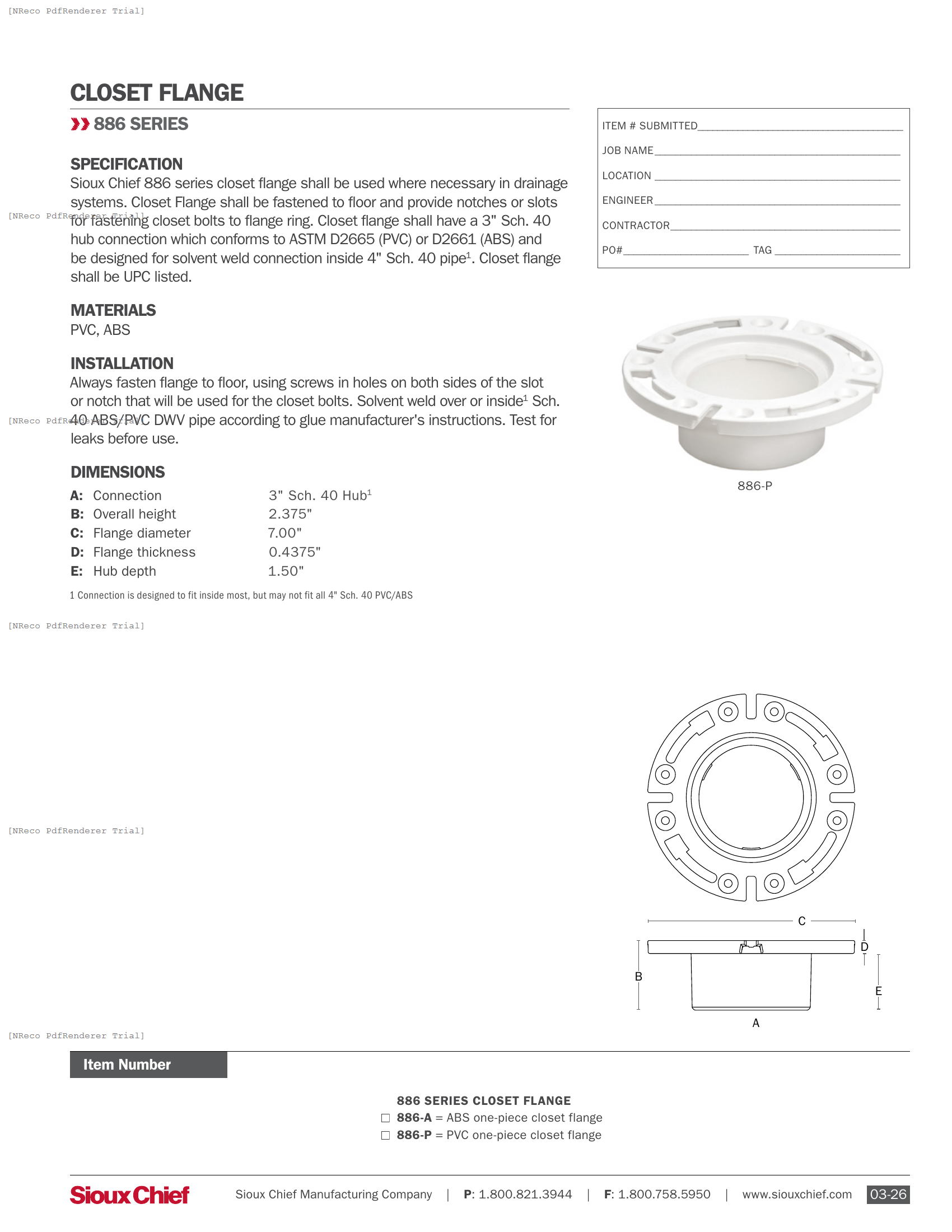 886 SERIES - OPEN ONE-PIECE CLOSET FLANGE - SPEC SHEET.PDF Specification Document